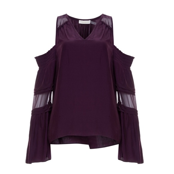 Ramy Brook Wine/ Merlot Cold Shoulder Silk Blend Blouse - Picture 7 of 12